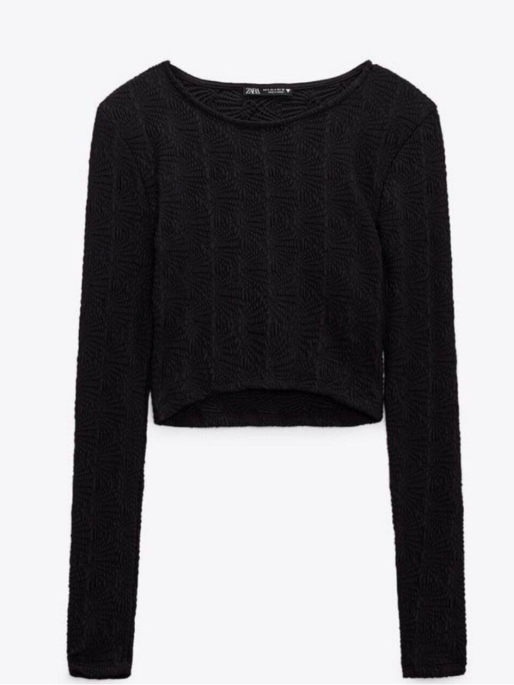 Zara Black Textured Cropped Long-Sleeve Top - Crew Neck